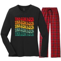 Threenager Retro Groovy Third Bday 3th Birthday Women's Long Sleeve Flannel Pajama Set 