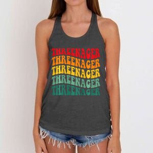 Threenager Retro Groovy Third Bday 3th Birthday Women's Knotted Racerback Tank