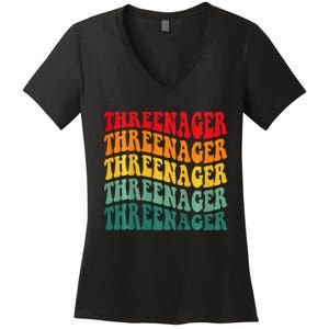 Threenager Retro Groovy Third Bday 3th Birthday Women's V-Neck T-Shirt