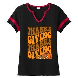 Thanksgiving Retro Groovy Holiday Cute Ladies Halftime Notch Neck Tee