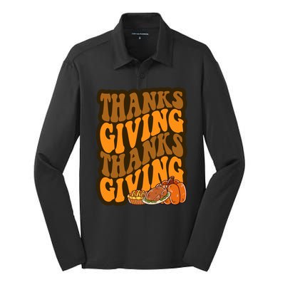 Thanksgiving Retro Groovy Holiday Cute Silk Touch Performance Long Sleeve Polo