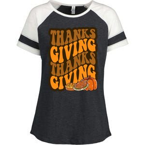 Thanksgiving Retro Groovy Holiday Cute Enza Ladies Jersey Colorblock Tee