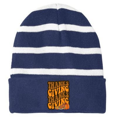 Thanksgiving Retro Groovy Holiday Cute Striped Beanie with Solid Band