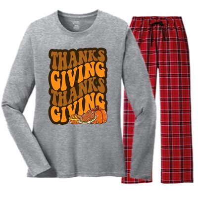 Thanksgiving Retro Groovy Holiday Cute Women's Long Sleeve Flannel Pajama Set 