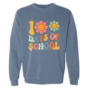 Teacher Retro Groovy 100 Days Happy 100th Day Of School Garment-Dyed Sweatshirt