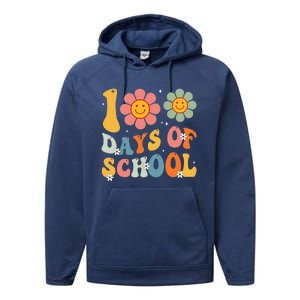 Teacher Retro Groovy 100 Days Happy 100th Day Of School Performance Fleece Hoodie