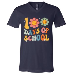 Teacher Retro Groovy 100 Days Happy 100th Day Of School V-Neck T-Shirt