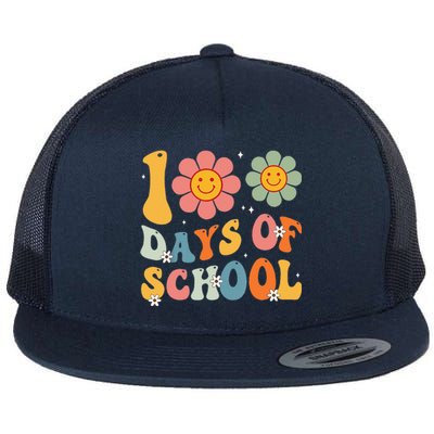 Teacher Retro Groovy 100 Days Happy 100th Day Of School Flat Bill Trucker Hat