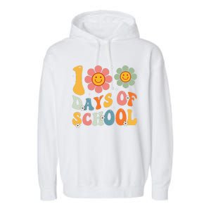 Teacher Retro Groovy 100 Days Happy 100th Day Of School Garment-Dyed Fleece Hoodie