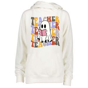 Teacher Retro Halloween Ghost Womens Funnel Neck Pullover Hood