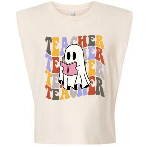 Teacher Retro Halloween Ghost Garment-Dyed Women's Muscle Tee