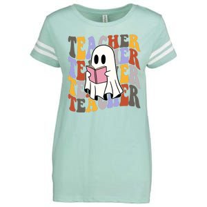 Teacher Retro Halloween Ghost Enza Ladies Jersey Football T-Shirt