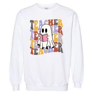 Teacher Retro Halloween Ghost Garment-Dyed Sweatshirt