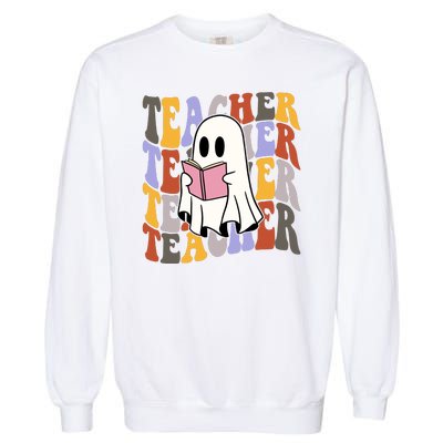 Teacher Retro Halloween Ghost Garment-Dyed Sweatshirt