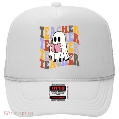 Teacher Retro Halloween Ghost High Crown Mesh Back Trucker Hat
