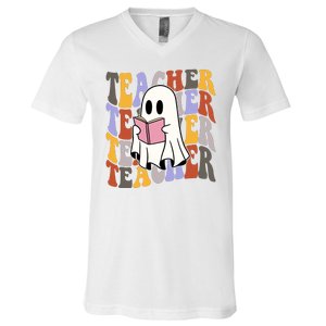 Teacher Retro Halloween Ghost V-Neck T-Shirt