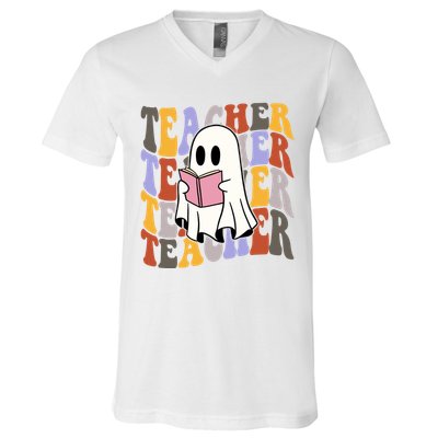 Teacher Retro Halloween Ghost V-Neck T-Shirt