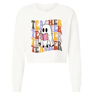 Teacher Retro Halloween Ghost Cropped Pullover Crew