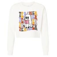 Teacher Retro Halloween Ghost Cropped Pullover Crew