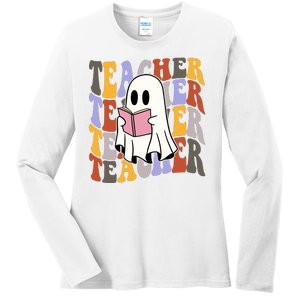 Teacher Retro Halloween Ghost Ladies Long Sleeve Shirt