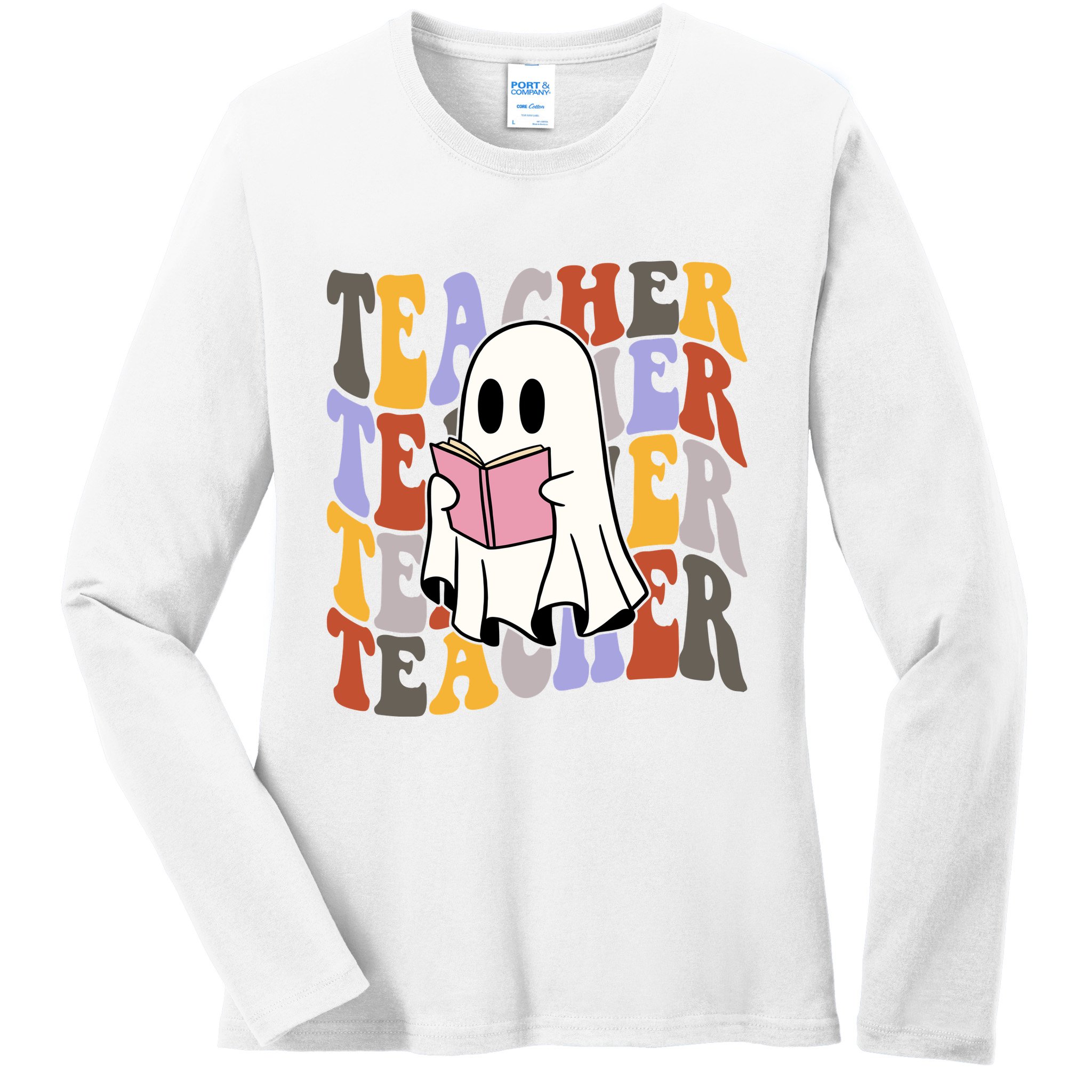 Teacher Retro Halloween Ghost Ladies Long Sleeve Shirt