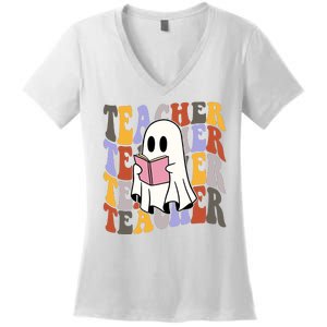 Teacher Retro Halloween Ghost Women's V-Neck T-Shirt