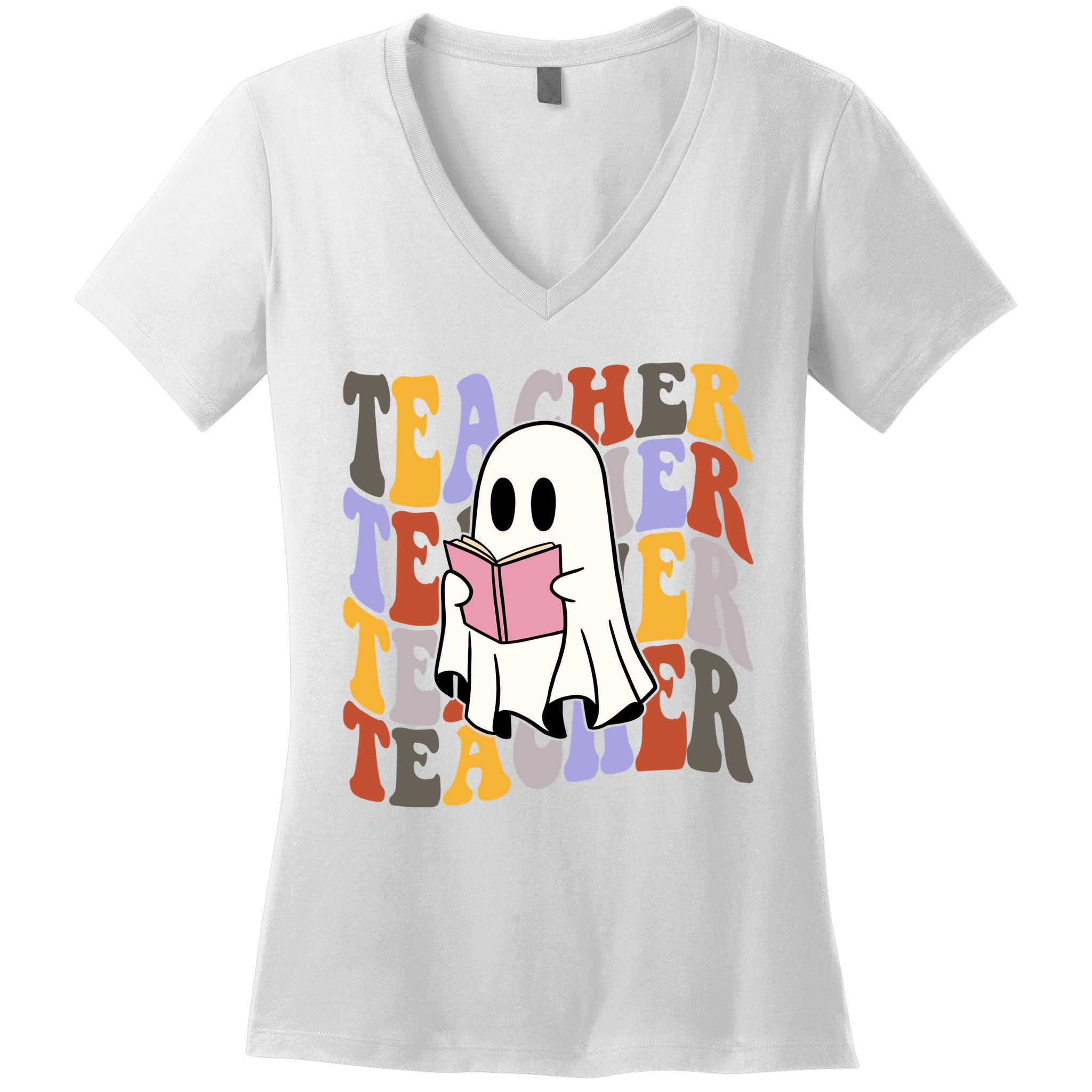 Teacher Retro Halloween Ghost Women's V-Neck T-Shirt