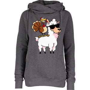 Turkey Riding Hipster Llama Cartoon Funny Thanksgiving Gifts Womens Funnel Neck Pullover Hood