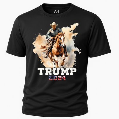 Trump Riding Horse American Flag Cowboy Cooling Performance Crew T-Shirt