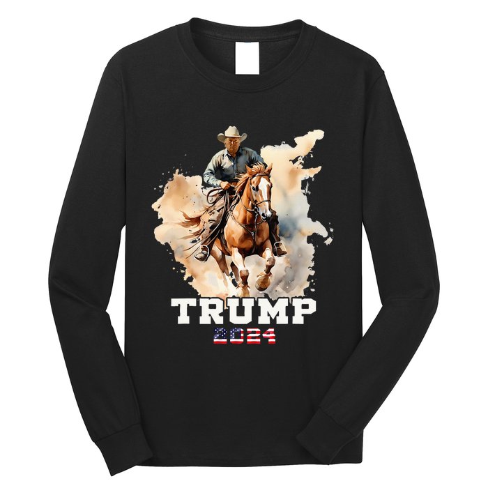 Trump Riding Horse American Flag Cowboy Long Sleeve Shirt