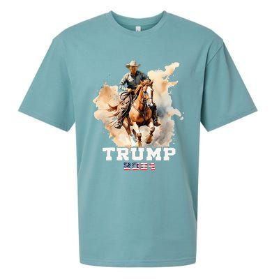 Trump Riding Horse American Flag Cowboy Sueded Cloud Jersey T-Shirt