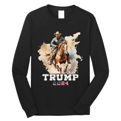 Trump Riding Horse American Flag Cowboy Design Long Sleeve Shirt