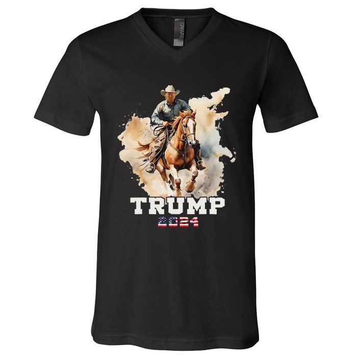 Trump Riding Horse American Flag Cowboy Design V-Neck T-Shirt