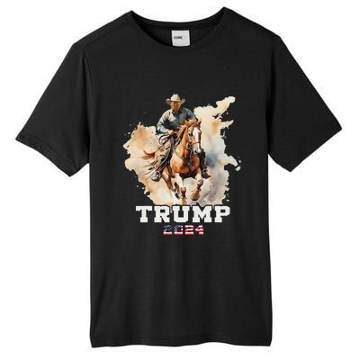 Trump Riding Horse American Flag Cowboy Design Tall Fusion ChromaSoft Performance T-Shirt