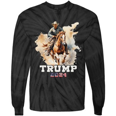 Trump Riding Horse American Flag Cowboy Design Tie-Dye Long Sleeve Shirt