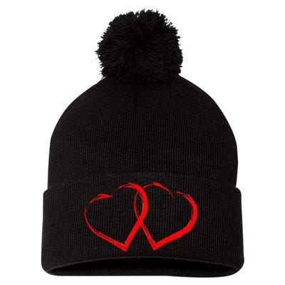 Two Red Hearts Cool Love Heart Valentines Day Pom Pom 12in Knit Beanie