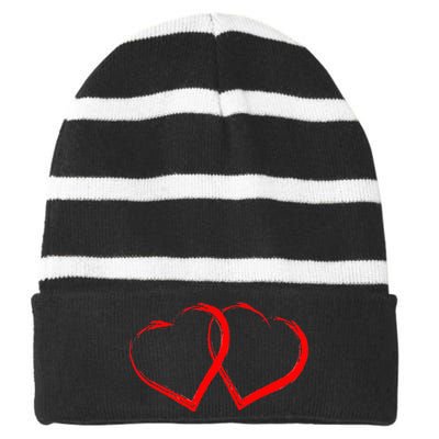 Two Red Hearts Cool Love Heart Valentines Day Striped Beanie with Solid Band