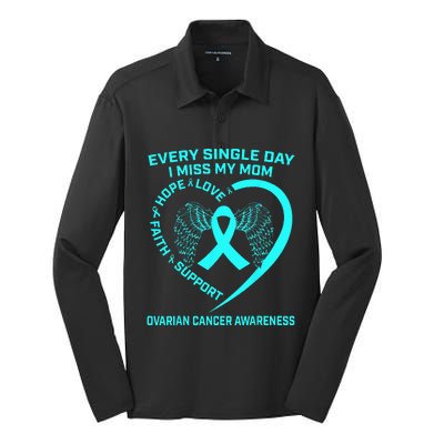 Teal Ribbon In Memory Of My Mom Ovarian Cancer Awareness Silk Touch Performance Long Sleeve Polo