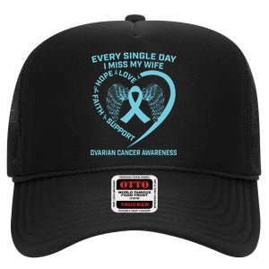 Teal Ribbon In Memory Of My Wife Ovarian Cancer Awareness High Crown Mesh Back Trucker Hat