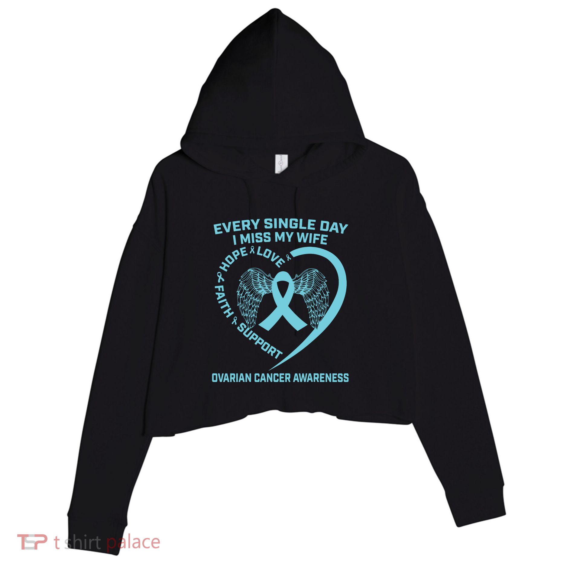 Teal Ribbon In Memory Of My Wife Ovarian Cancer Awareness Crop Fleece Hoodie