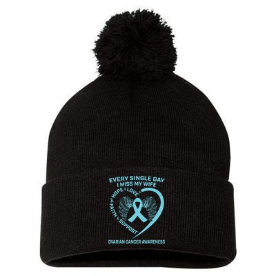 Teal Ribbon In Memory Of My Wife Ovarian Cancer Awareness Pom Pom 12in Knit Beanie