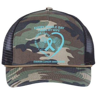 Teal Ribbon In Memory Of My Wife Ovarian Cancer Awareness Retro Rope Trucker Hat Cap