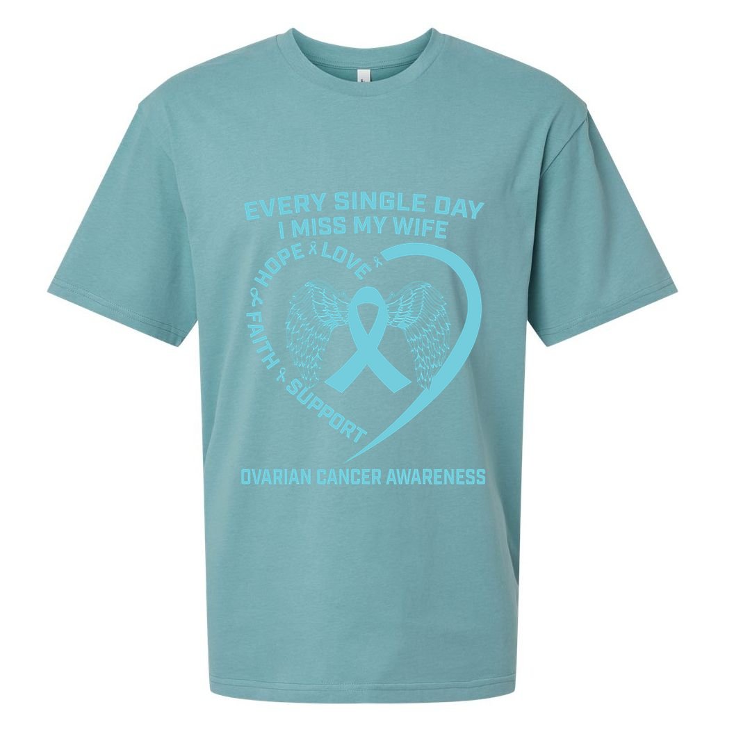 Teal Ribbon In Memory Of My Wife Ovarian Cancer Awareness Sueded Cloud Jersey T-Shirt
