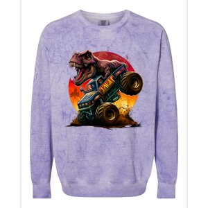 T Rex In Monster Truck With Sunset Colorblast Crewneck Sweatshirt