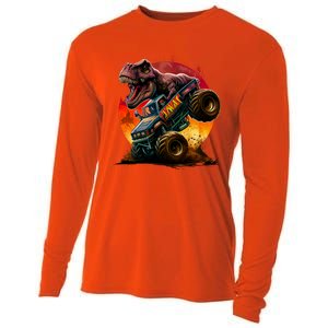 T Rex In Monster Truck With Sunset Cooling Performance Long Sleeve Crew