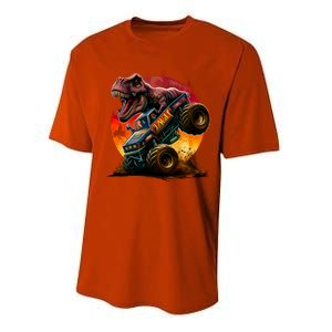 T Rex In Monster Truck With Sunset Performance Sprint T-Shirt