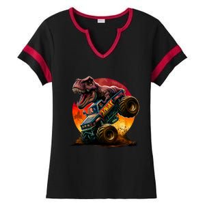 T Rex In Monster Truck With Sunset Ladies Halftime Notch Neck Tee