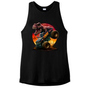 T Rex In Monster Truck With Sunset Ladies PosiCharge Tri-Blend Wicking Tank