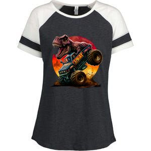 T Rex In Monster Truck With Sunset Enza Ladies Jersey Colorblock Tee