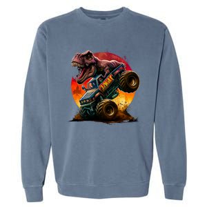 T Rex In Monster Truck With Sunset Garment-Dyed Sweatshirt